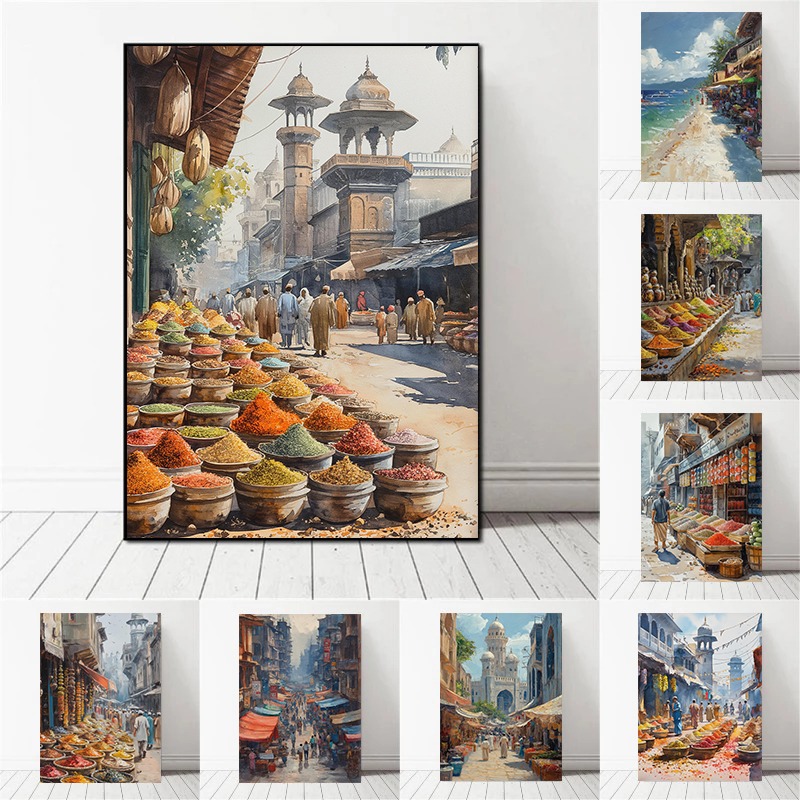 Home Decor Karachi - Karaçi Lahor Pakistan Sokak Pazarı Suluboya