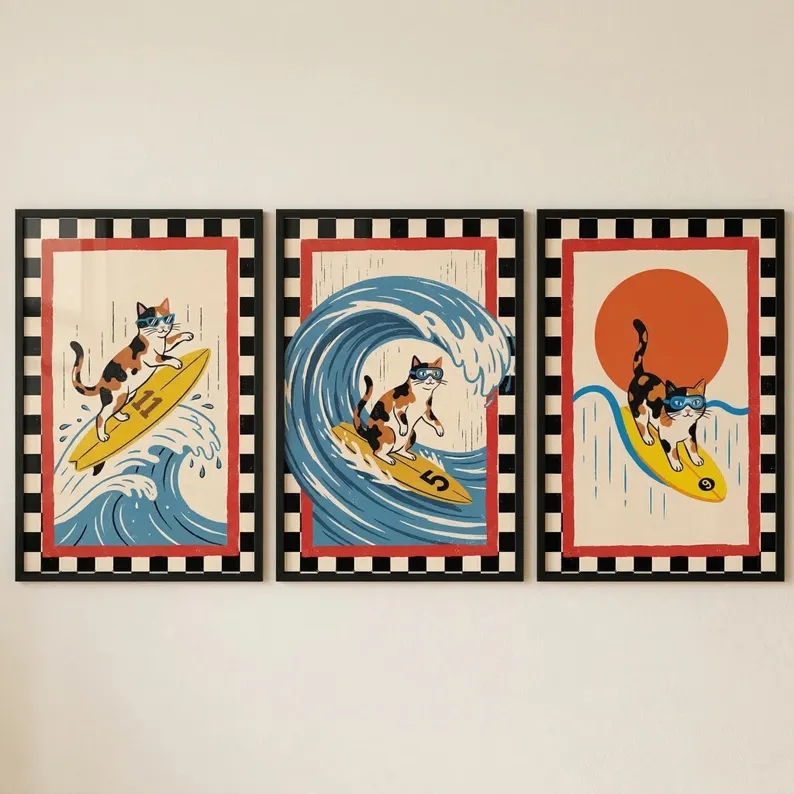 Home Decor Japanese - 3 adet Retro Japon Dalga Kedi